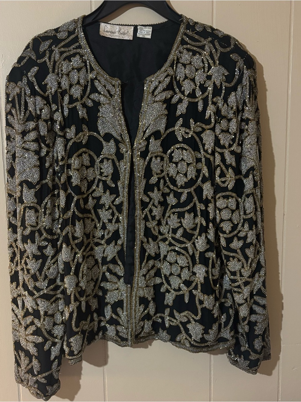 Vintage Laurence Kazar Beaded Jacket XL Black Silk Silver Sequin Party 80’s glam